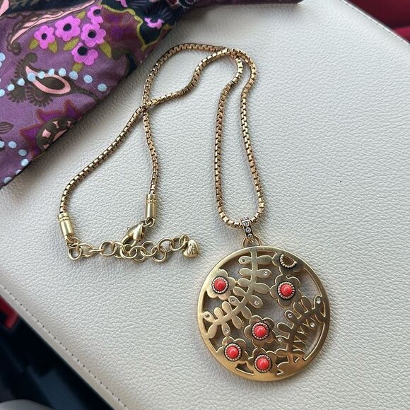 BRIGHTON FRANCESCA Floral Gold Disc Orange Beaded Pendant NECKLACE + pouch - Picture 2 of 5